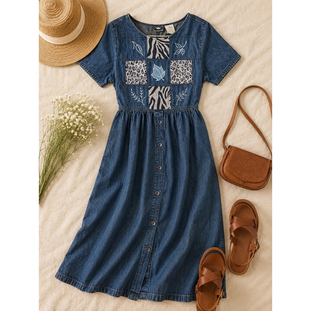 Vintage Erika & Co Denim Patchwork Animal Print Embroidered Midi Dress y2k 90s